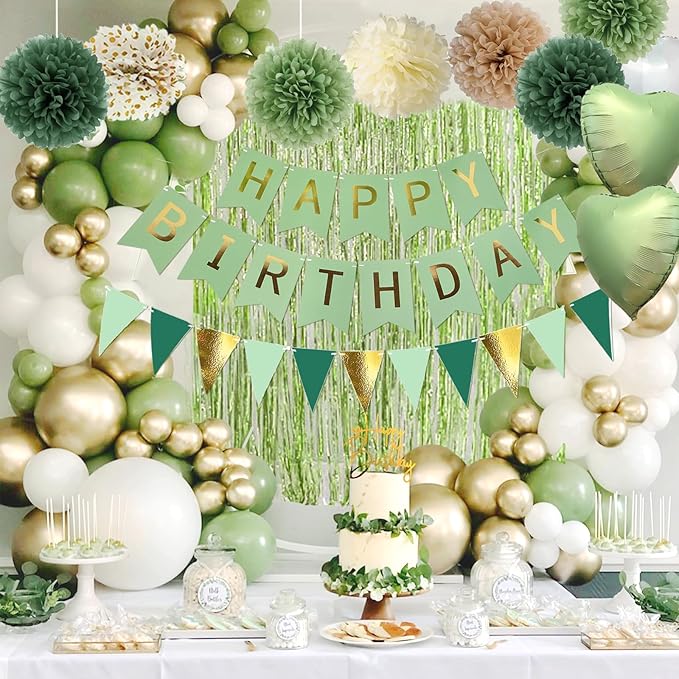 Sage Green Birthday Decorations, Birthday Party Décor, Gold Green Balloons Olive Happy Birthday Banner Fringe Curtain Background, Neutral Decorations for Women Men