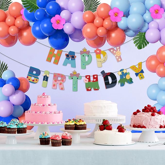 Stich 131Pcs Balloon Birthday Party Decorations - Blue Purple Arch Kit with Happy Birthday Banner, Palm Leaves, Flowers for Kids, Baby Shower, Tropical Party Supplies