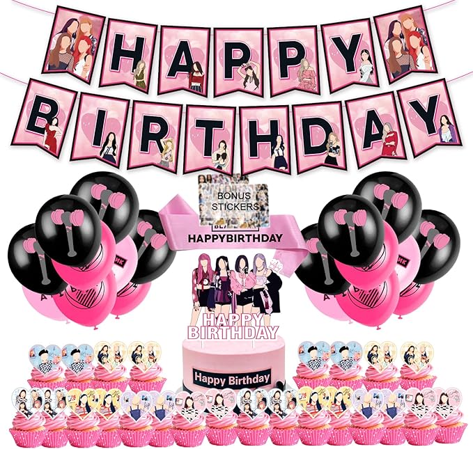 KPOP Black Pink Girl Group Birthday Party Kit Supplies with Cake Topper, Balloons, Banner, Cupcake Toppers & Birthday Sash – Easy Setup Party Supplies for Girls, Teens & Adults