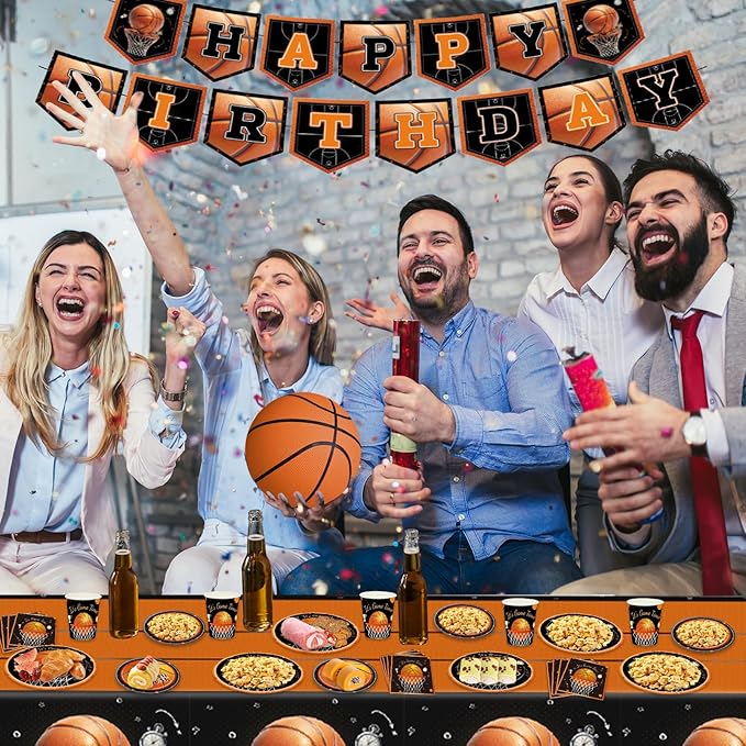 Basketball Party Decorations 98Pcs Basketball Birthday Party Decorations Suppiles Set Include Dinner Plates, Dessert Plates, Napkins, Cups, Banner and Tablecloth Basketball Theme Party Favors Kit