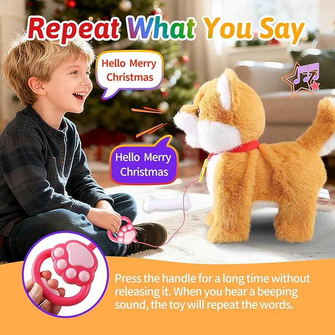 Walking Barking Singing Corgi Puppy Toy, Repeats What You Say, Realistic Licking Tongue Wagging Tail Mechanical Dog with Touch or Voice Control, Interactive Music Dancing Plush Pet for Kids