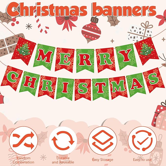 OHOME Christmas Party Decorations - Merry Christmas Banner | CHRISTMAS Decorations for Indoor Outdoor - Xmas Backdrop Garland for Outside | Hanging Party Favors Supplies for Birthday