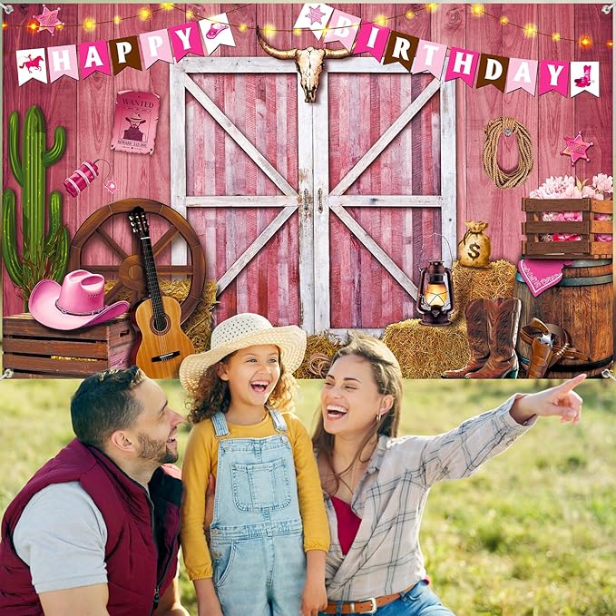 Breling Western Cowgirl Birthday Banner Cowboy Backdrop Photography Booth Prop Pink Cowgirl Party Background for Girls Cowboy Birthday Baby Shower Party Decorations Supplies, 71 x 43 Inch