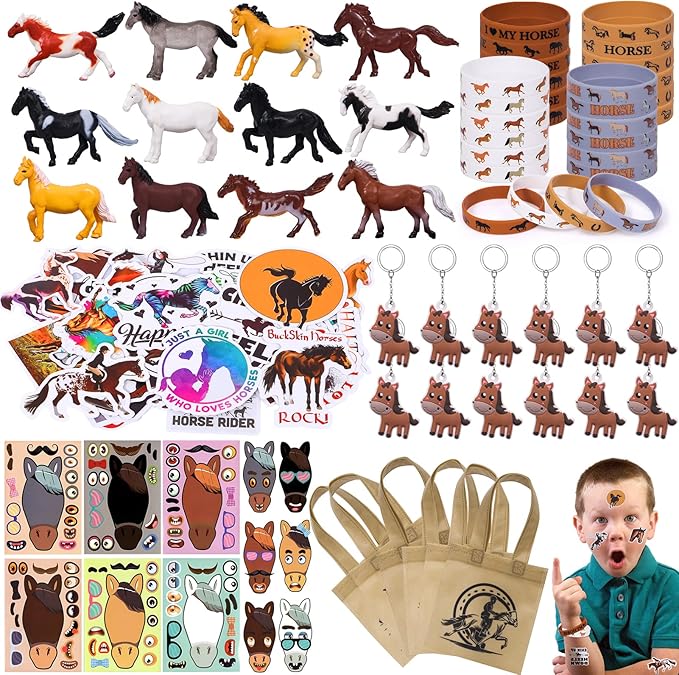 Winrayk 110Pcs Horse Birthday Party Favors Supplies, Non-Woven Gift Bags Mini Figurines Make Your Own Stickers, Gifts Toys Kids Western Cowboy Cowgirl Farm Animals Horse Birthday Party Supplies Decor