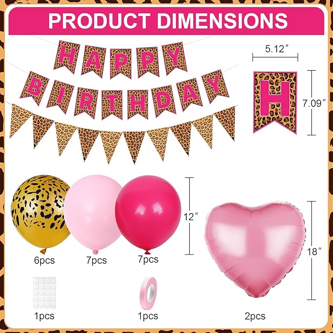 Pink Leopard Birthday Decorations, Gold Cheetah Print Animal Balloons Hot Pink and Heart Balloons, Cheetah Happy Birthday Banner for Safari Wild Birthday Baby Shower Jungle Theme Party Supplies