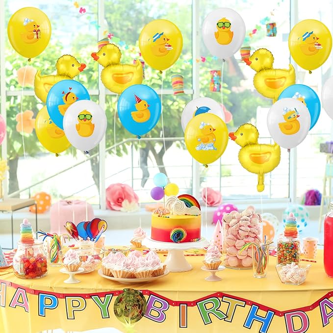 Sratte 40 Pcs Duck Balloon Inflatable Rubber Duck Party Decorations 12 Inch Cartoon Shape Foil Balloons Blue Pink Yellow White Latex Balloon for Baby Shower Themed Birthday Party Supplies