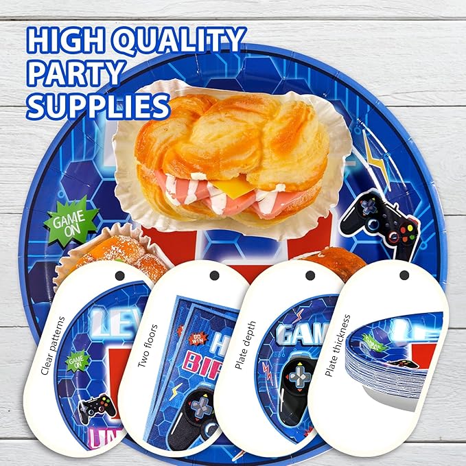 Grencian 96 Pcs 12th Video Game Birthday Party Decorations Blue Video Game Level 12 Birthday Plates and Napkins Tableware Sets for Boys 12 Years Old Gamer Gaming Party Supplies Favors Serves 24