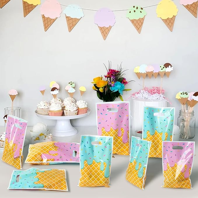 Ice Cream Party Favor Bags - 50Pcs Plastic Sweet Candy Goodie Treat Gift Bag with Handles Cute Summer Ice Cream Theme Birthday Party Supplies Baby Shower Wedding Decor