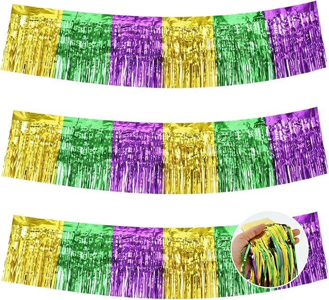 BEISHIDA 3 Packs Metallic Foil Fringe Garland Green Gold Purple Wall Hanging Tinsel Fringe Banners for Car Floats Bridal Shower Wedding Birthday Easter Graduation Holiday Party Deco(30 Feet)