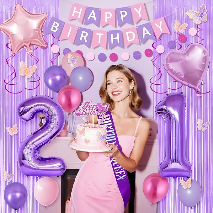 21st Purple Birthday Decorations for Women, Pink and Purple Happy 21 Birthday Party Decorations with Happy Birthday Banner, Number Foil Balloons, Butterfly Cake Topper for 21st Party Supplies