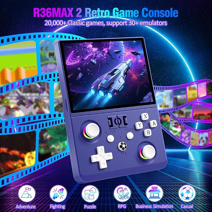 R36MAX 2 Retro Handheld Game Console, 4.5" IPS HD Screen 1024*768 Retro Gaming Console with Detachable Joystick, 20,000+ Classic Games, 30+ Emulators, Pocket Hand Held Video Games (Purple)