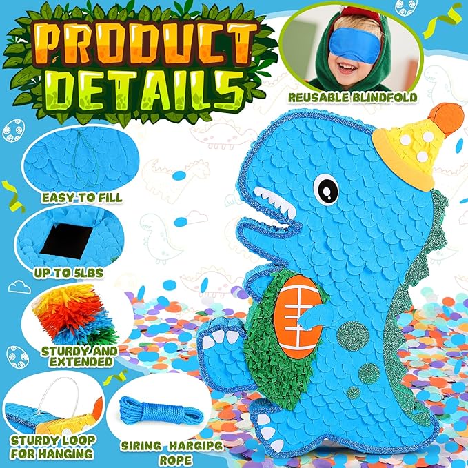 24" Large Dinosaur Pinata Bundle with a Blindfold, Bat and Rope, Dino Baby with Football Decorations for Boy Animal Theme Birthday Party