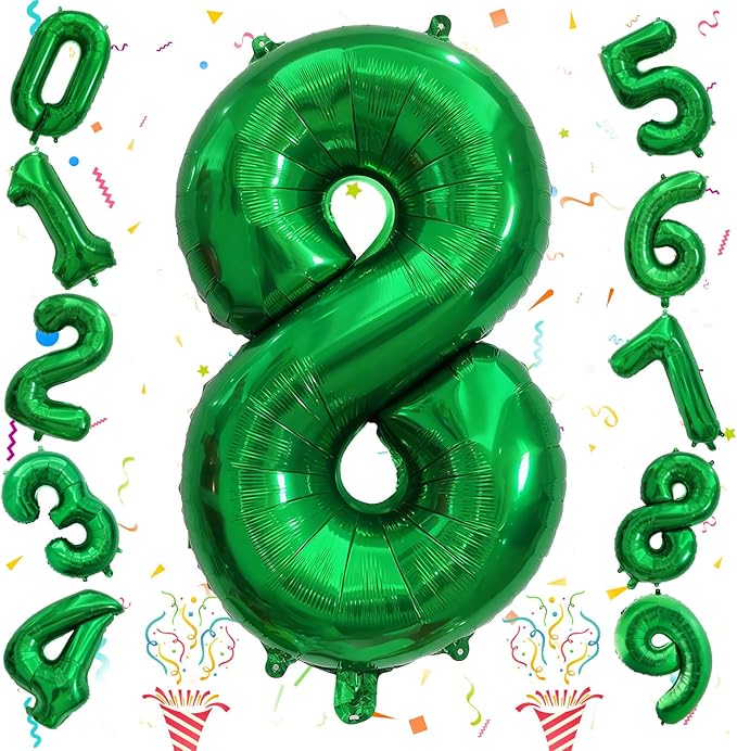 40 Inch Emerald Green Number 8 Balloons, Large Foil 8th Birthday Balloon Decorations for Girls, Dark Green Self Inflating Happy Birthday Party Jungle Anniversary Celebration Boys Kids Decor Supplies