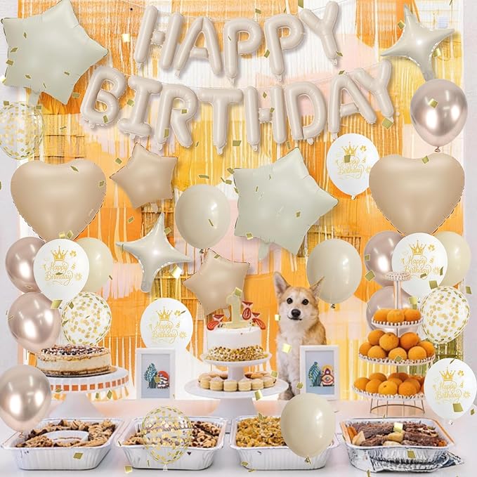 Boho Cream Beige Birthday Decorations for Women Neutral Nude Sand White Champagne Gold Print Balloons Gold Confetti Balloon Happy Birthday Banner Heart Balloons Star Balloon for Bday Party Supplies