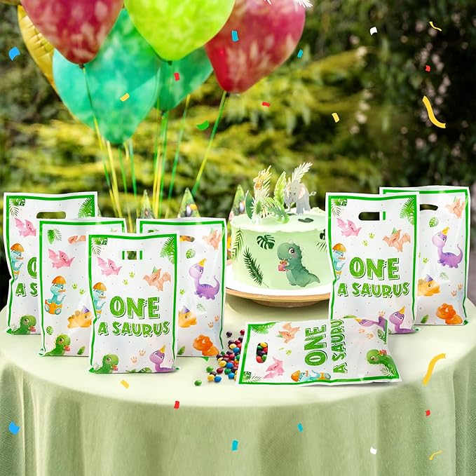 Dinosaur 1st Birthday Party Favor Bags - 50Pcs One A Saurus Green Goody Candy Treat Bags, Cute Dinosaur Theme Plastic One Birthday Party Favor Supplies Decorations for Kids Boys Girls Baby Shower