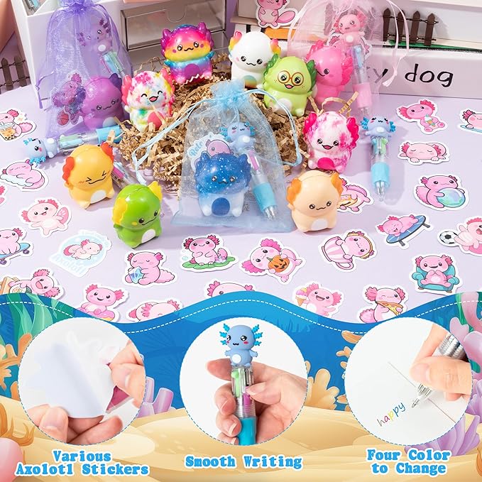 CY2SIDE 12 Pack Axolotl Squeeze Toys Party Favor Gift Set, Included Random Slow Rising Squishy Toys 4-in-1 Ballpoint Pen Cute Stickers and Organza Bag, Axolotl Party Goodie Bag Fillers for Kids Reward