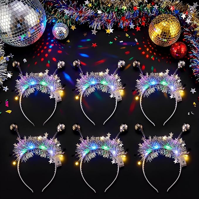 Juexica 6 Pack Disco Party Supplies, Silver LED Disco Headband for Glow Party Headwear Costume Accessories