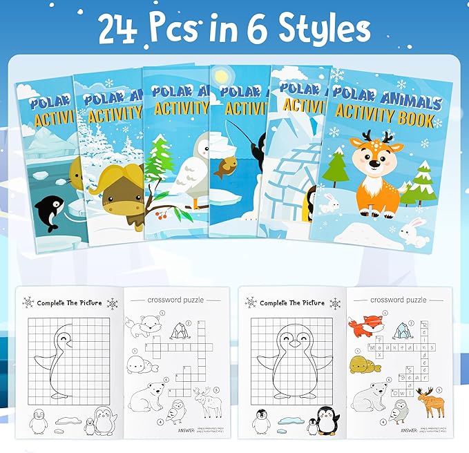 Dvbonike 24Pcs Polar Animals Activity Books for Kids Bulk Winter Mini Fun Games Coloring Book Party Favors Penguin Goodie Bags Stuffers for Christmas Birthday Classroom School Rewards Supplies