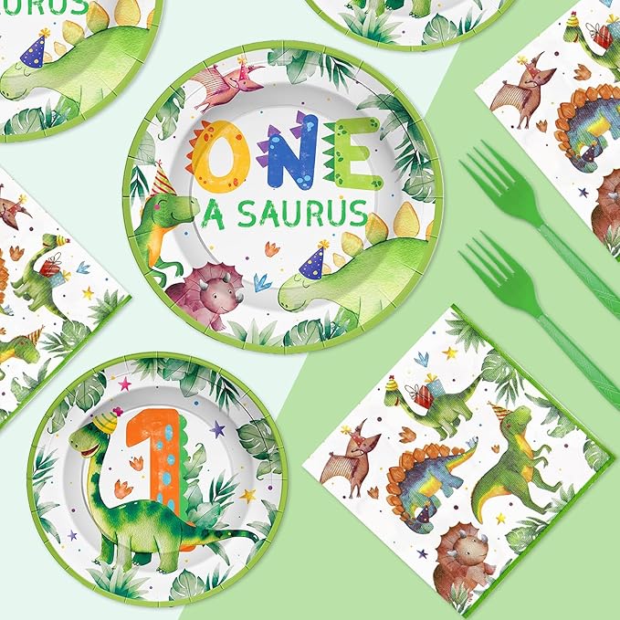 96Pcs Dinosaur 1st Birthday Decorations Cartoon Dinosaurs Plates and Napkins Tableware Sets Watercolor Dinosaur Party Decorations for One Year Old Boys Birthday Baby Shower Supplies Serves 24