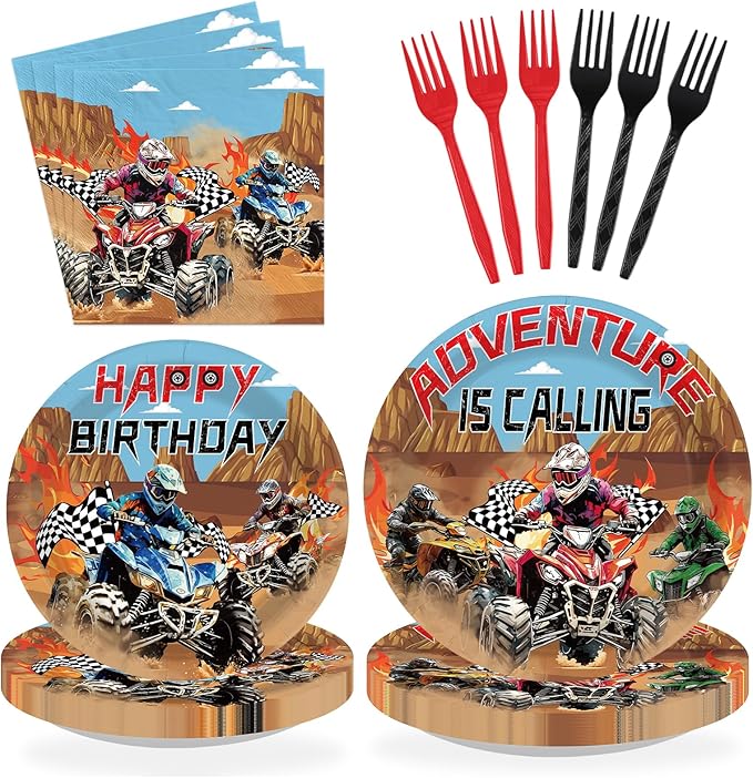 96Pcs Four Wheeler Birthday Decorations ATV Quad Bike Party Plates and Napkins Dirt Bike Motocross Tableware Set for Kids Teens Boys Girls Birthday Party Supplies Serves 24
