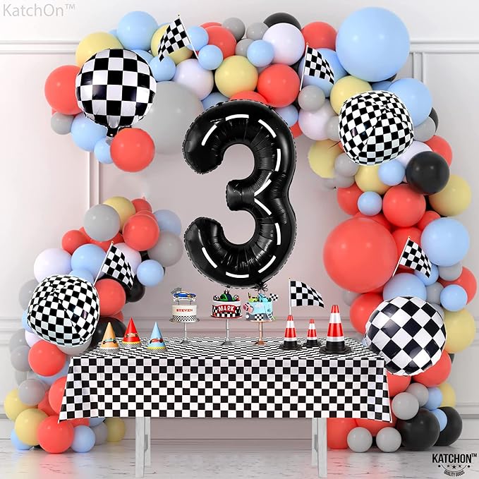 KatchOn Giant Number 3 Balloon - 40 Inch | Number 3 Race Car Balloon for Construction Birthday Party Supplies 3 Year Old