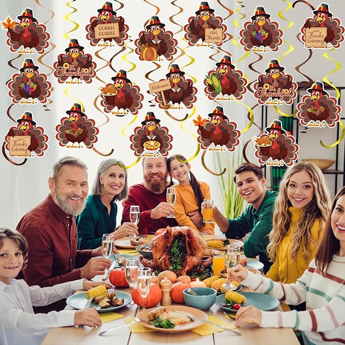 Spakon 72 Pcs Thanksgiving Turkey Hanging Swirl Decoration Thanksgiving Party Decoration Brown Thankful Gobble Turkey Ceiling Decor for Office Home Birthday Fall Harvest Party Favors Supplies