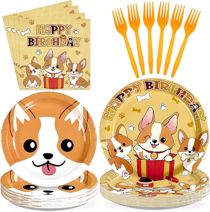 96Pcs Corgi Welsh Dog Birthday Party Decoration Cartoon Puppy Plates and Napkins Cute Corgi Themed Tableware Set for Kids Birthday Baby Shower Pets Dog Gotcha Day Party Supplies, Serves 24