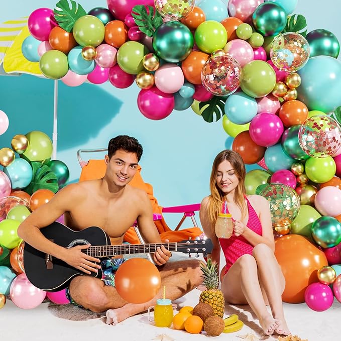 Tropical Luau Balloon Arch Kit 146Pcs Hot Pink Pearl Pink Green Blue Orange Gold Metallic Green Confetti Balloons with Palm Leaves for Summer Tropical Luau Hawaiian Theme Party Decorations