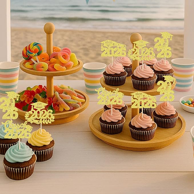 Graduation Cupcake Toppers 2026, Food/Appetizer Picks For Graduation Party Mini Cake Decorations 2026 Cupcake Toppers Graduation 24 Pieces (golden)