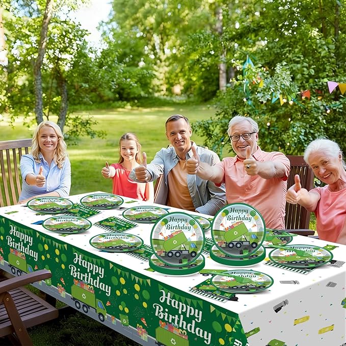61 Pcs Garbage Truck Birthday Decorations Green Trash Party Tableware Rubbish Recycling Themed Supplies Plates Napkins Tablecloth for Birthday Parties Waste Management Celebrations Serves 20 Guests