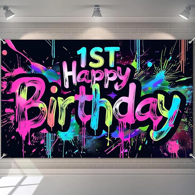 Neon 1st Happy Birthday Banner 71x43 Inch Paint Splatter Backdrop Colorful Wall Decorations for Kids Boys Girls First Birthday Photo Booth Background Supplies and Event Decor