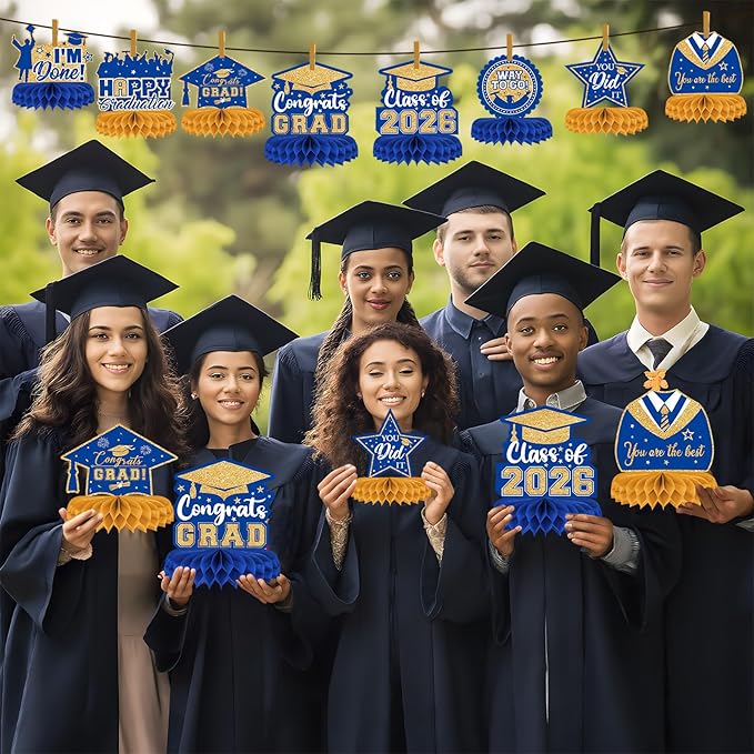 8 Pieces Class of 2026 Graduation Table Decorations - 2026 Congrats Grad Honeycomb Centerpieces, Graduation Table Toppers Decor for 2026 Graduation Party Decorations Favor Supplies, Blue and Gold