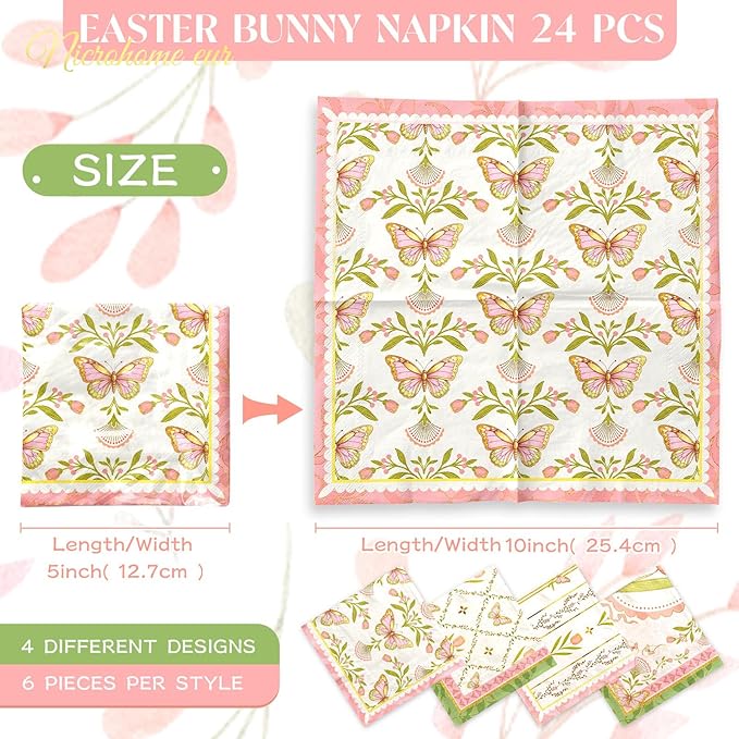 Vintage Floral Paper Napkins 10x10 Inch - 24 Count Tea Party Disposable Napkins, Pink Green Tulip Butterfly Design 3-Ply Cocktail Napkins for Wedding, Birthday, Easter, Garden Party