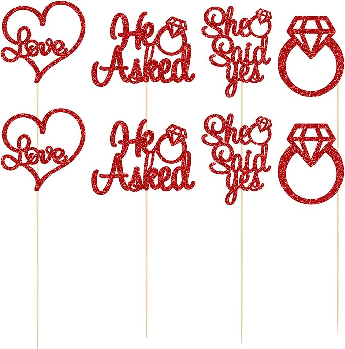 Gyufise 12Pcs He Asked She Said Yes Centerpiece Sticks Double Sided Glitter Diamond Ring Heart Love Table Centerpiece Sticks for Wedding Engagement Party Supplies Red