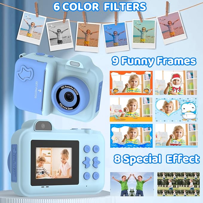 Kids Camera Instant Print, 1080P HD Dual-Lens Selfie,Toddler Digital Camera with 5 Rolls Paper & 32GB Card, Children Christmas Birthday Gifts Toys for Age 3 4 5 6 7 8 9 10 11 12 Years Old Girls Boys