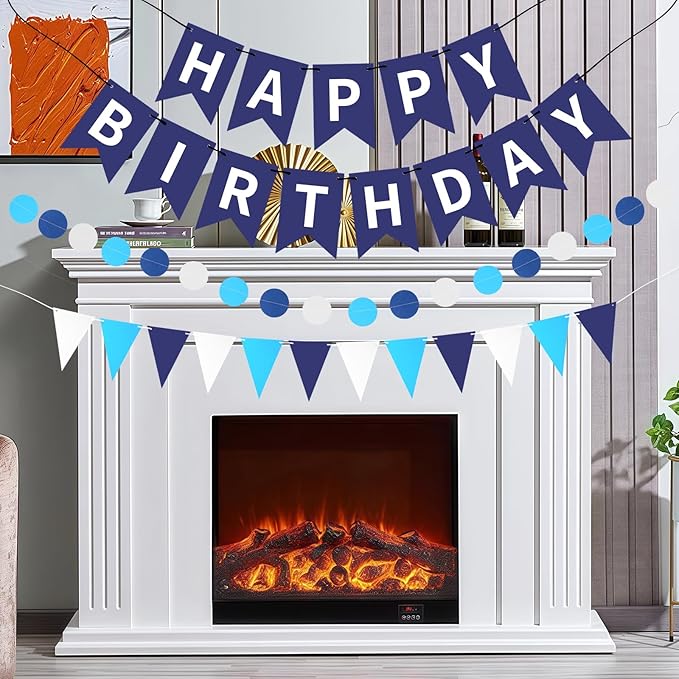 Blue Happy Birthday Banner, Happy Birthday Decorations Hanging Birthday Sign Circle Dot Triangle Bunting for Women Men Girl Boy Party Supplies