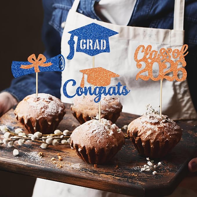 Blue and Orange Graduation Cupcake Toppers Decorations Class of 2026 Cupcake Topper Graduation Cup Cake Picks Congrats Grad Party Decor Supplies Set of 24