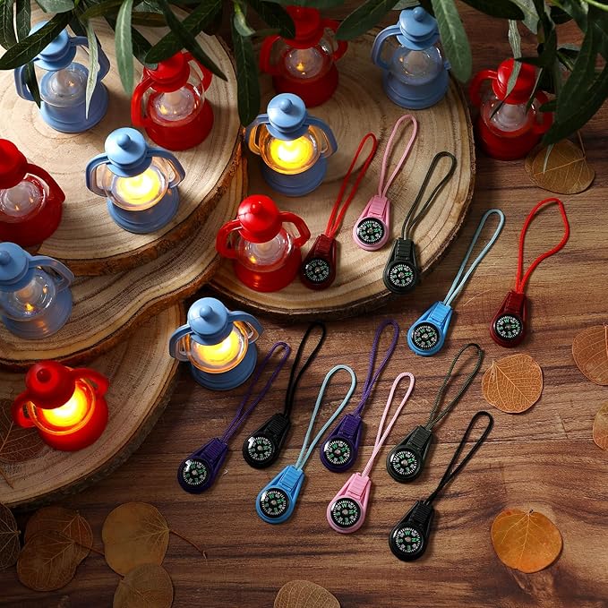 VIHOSE 24 Pcs Camping Party Favors Set Happy Camper Party Gifts with Mini Camp Compasses and Mini Camp Lamps for Camping Adventure Outdoor Hiking Supplies