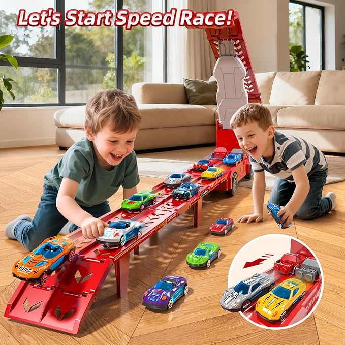 Truck Toys for Kids, Transport Vehicle with 12 Die-Cast Car, Double Race Car Track Cars Ramp Toy, Carrier Truck for Toddler 3-5, Christmas Birthday Gift for 3 4 5 6 7 8 Years Old Boys Girls