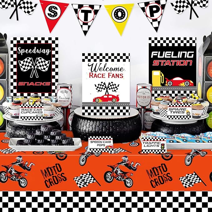 PHOGARY 3pcs Dirt Bike Table Cloth for Boys Men Birthday Party Decorations, Checkered Racing Motorcycle Disposable Plastic Rectangular Table Covers Motocross Moto Theme Party Favors Supplies 51x86Inch