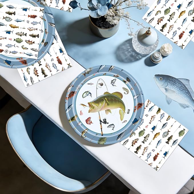 Rakuto Fishing Birthday Party Decorations - 50 Pcs Gone Fishing Plates Napkins Party Decorations, Disposable Fish Themed Tableware Supplies Set for Fish Tournament Birthday Serves 25