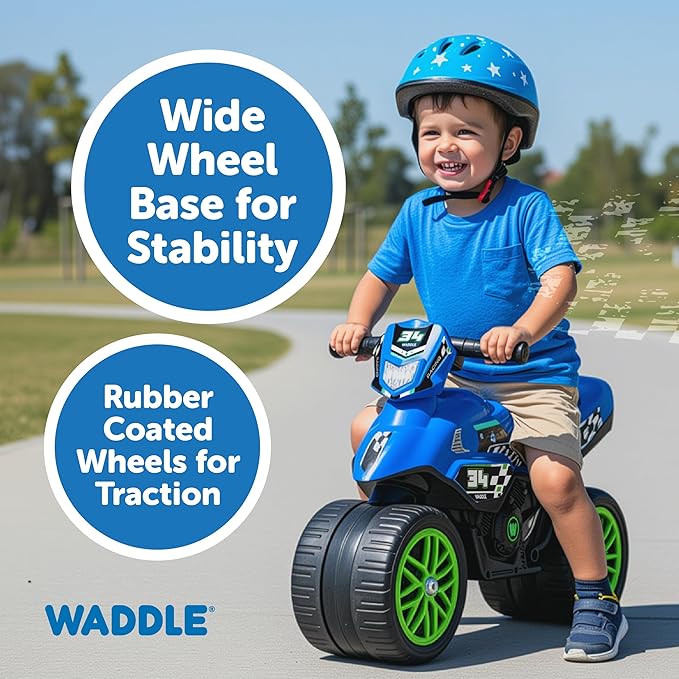 Waddle Kids Motorcycle Balance Bike - Toddler Ride on Toys w/Sounds, Wide Wheel Base, Rubber Coated Wheels, Foot to Floor Toddler Car Up to 44 Lbs, Motorbike for Kids Ages 18 Months to 3 Yrs, Blue