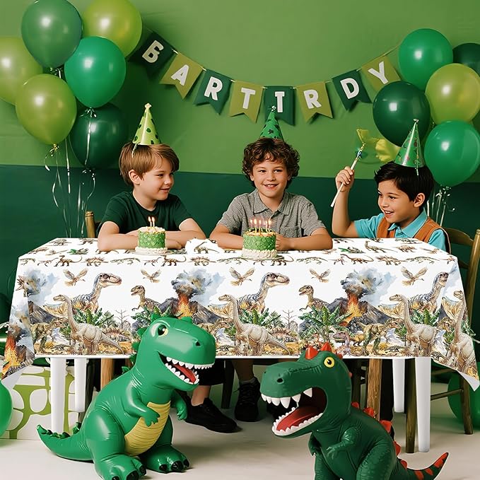 4ps Dinosaur Tablecloths Dinosaur Party Table Covers Dino Birthday Decorations Jungle T-rex Dino Disposable Plastic Table Cloth for Kids Adults Bday Party Picnic Supplies Decor(Dino White)