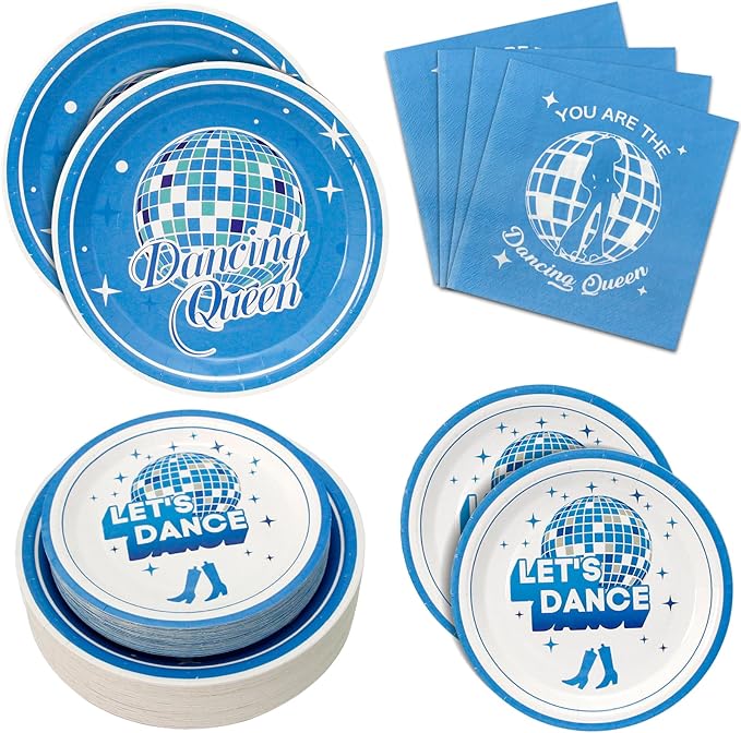 180PCS Dancing Queen Party Supplies Serve 60,Blue Disco Paper Plates and Napkins Kit for 70s Disco 17th Birthday Bachelorette Party Decorations,Includes Dinner and Dessert Plates, Napkins
