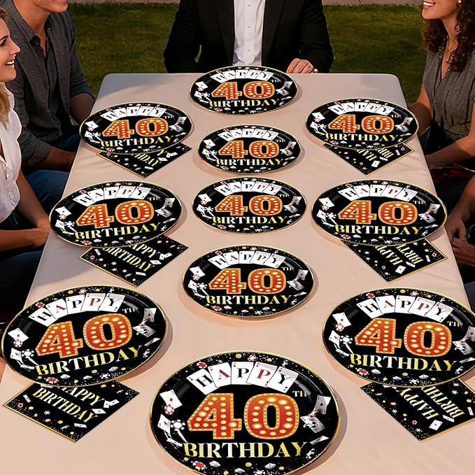 96Pcs Casino 40th Birthday Decoration Casino Themed Paper Plates and Napkins 40th Las Vegas Party Decoration for 40 Years Birthday Poker Game Night Vegas Party Supplies