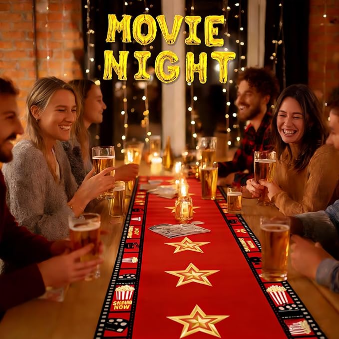 2 Pcs 13 x 72 Inch Movie Night Table Runner for Movie Night Decorations Supplies Birthday Party Decorations Movie Theme Party Decorations with Gold Star Design