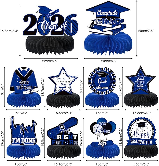 10PCS Graduation Party Decorations Class of 2026 Congrats Grad Table Centerpieces Congratulate Graduation Honeycomb Table Toppers for Graduation Party Supplies(Blue Black)