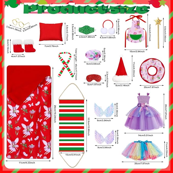 Kacctyen 18 Pcs Fairy Clothes Christmas Accessories Include Christmas Doll Dress Skirt Sleeping Bag Bathrobe Apron Chef Hat Scarf Glasses Pillow Mask Shoes Hammock Fairy Stick for Doll