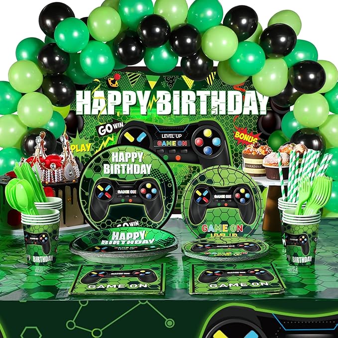 Tatuo 152 Pieces Video Game Birthday Party Supplies Gamer Party Table Cover Happy Birthday Backdrop Banner Tableware Balloons Sets for Boys Men Theme Party Decoration