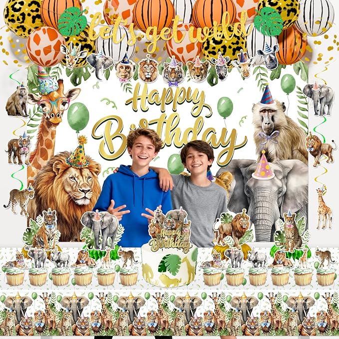Safari Birthday Party Decorations, Jungle Wild Animals Birthday Party Supplies Decor with Backdrop, Banner, Balloons, Cake Toppers, Tablecloth, Centerpieces, Hanging Swirls